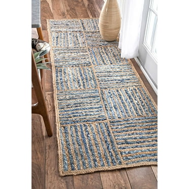 Indian Handmade Braided Blue Color Cotton , Denim with Natural Jute Area Rugs , Home Decor Carpet Size 2 x 4 Feet ( 60 cm x 120 cm )