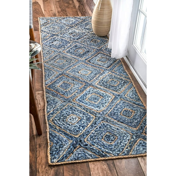 Indian Handmade Braided Blue Color Cotton , Denim with Natural Jute Area Rugs , Home Decor Carpet Size 2 x 4 Feet ( 60 cm x 120 cm )