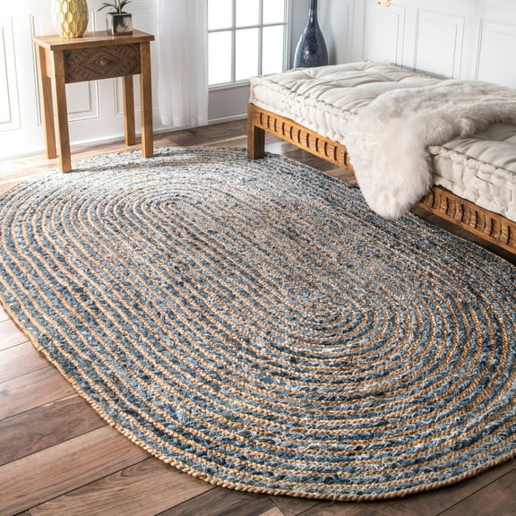 Indian Handmade Braided Blue Color Cotton, Denim with Natural Jute Oval Shape Area Rugs , Home Decor Carpet Size 7 x 10 Feet
