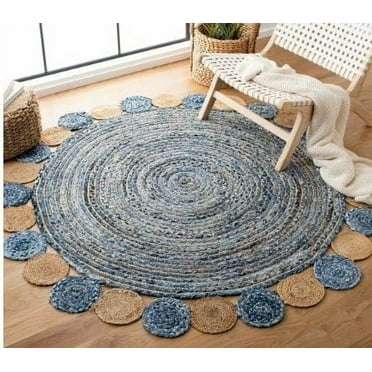 Indian Handmade Braided Blue Color Cotton , Denim with Natural Jute Round Rugs , Home Decor Carpet Size 3 x 3 Feet Round ( 90 cm x 90 cm)