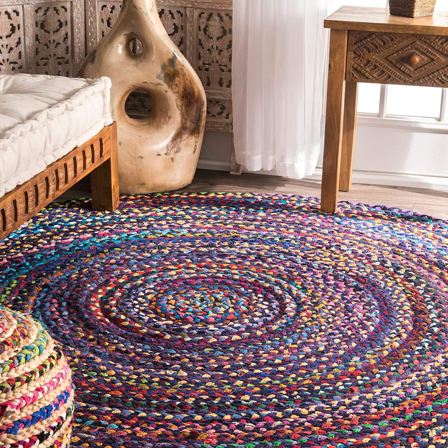 Blue Shade Multi Cotton Area Rugs, Home Décor Rug Size - 8 x 8 Feet Round (240 cm x 240 cm)
