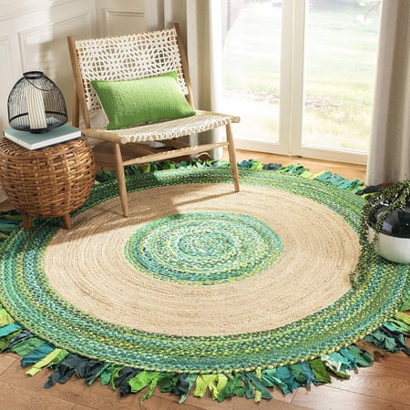Indian Handmade Braided Green Color Cotton with Natural Jute Round Rugs , Home Decor Carpet Size 2 x 2 Feet Round ( 60 cm x 60 cm)