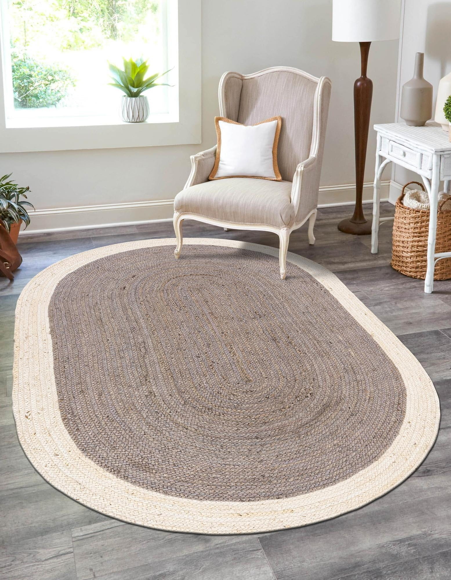 Indian Handmade Braided Inner Gray Jute with White Jute Border Design Area Rug 5 x 7 Feet Oval (152 cm x 213 cm), Home Decor Rugs