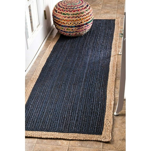 Indian Handmade Braided Inner Navy Blue Natural Jute Area Rug, Home Décor Rug, Floor Decor Carpet Size - 2.6' x 15' (78 cm x 450 cm)