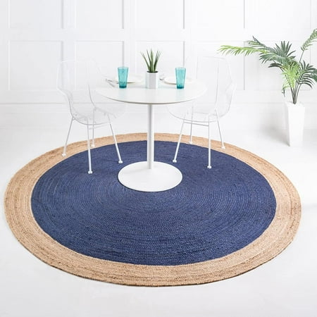 Indian Handmade Braided Inner Nvay Blue Jute with Natural Jute Border Design Area Rug 3 x 3 Feet Round (91 cm x 91 cm), Floor Decor Rugs/Carpet