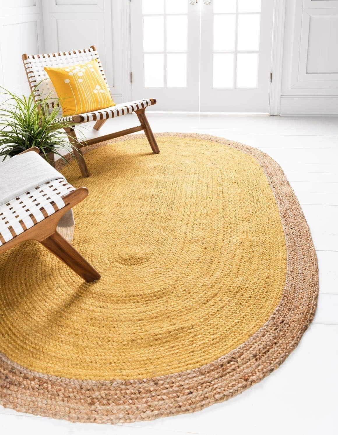 Indian Handmade Braided Inner Yellow Jute with Natural Jute Border Design Area Rug 8 x 10 Feet Oval (244 cm x 305 cm), Home Decor Rugs