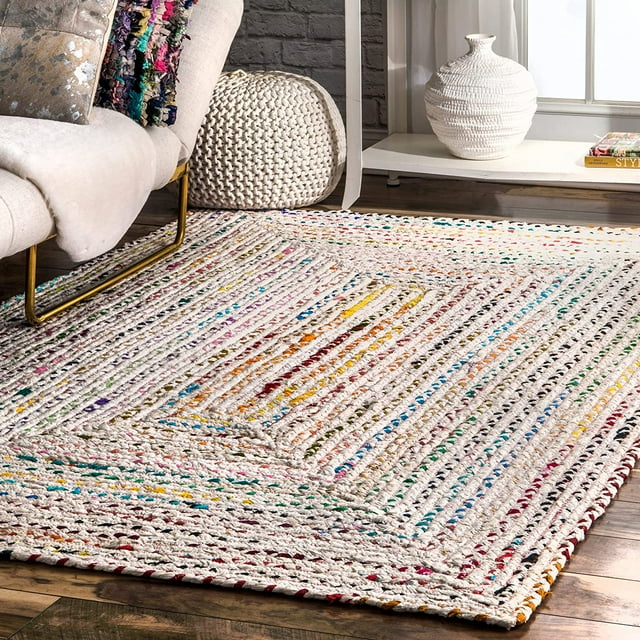 Indian Handmade Braided Ivory with Multi Color Cotton Area Rugs , Floor Decor Carpet Size 4 x 4 Feet Square ( 120 cm x 120 cm )