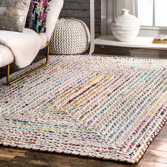 Indian Handmade Braided Ivory with Multi Color Cotton Area Rugs , Home Decor Carpet Size 2.6 x 4 Feet ( 75 cm x 120 cm )
