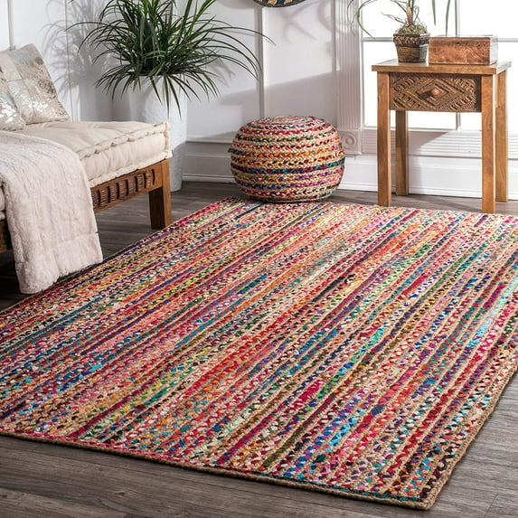 Indian Handmade Braided Multi Color Cotton with Natural Jute Area Rugs , Floor Decor Carpet Size 5 x 7 Feet ( 150 cm x 210 cm )