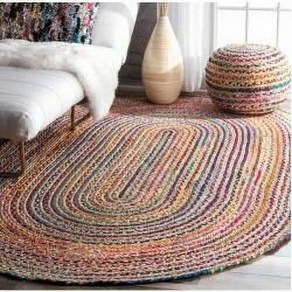 Indian Handmade Braided Multi Color Cotton with Natural Jute Oval Shape Area Rugs , Floor Decor Carpet Size 4 x 6 Feet ( 120 cm x 180 cm )