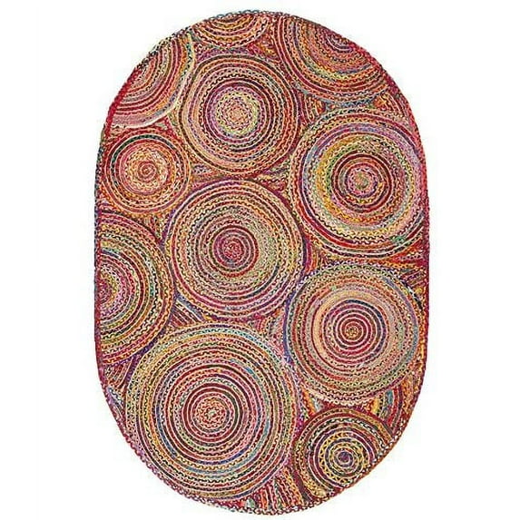 Indian Handmade Braided Multi Color Cotton with Natural Jute Oval Shape Area Rugs , Floor Decor Carpet Size 7 x 10 Feet ( 210 cm x 300 cm )