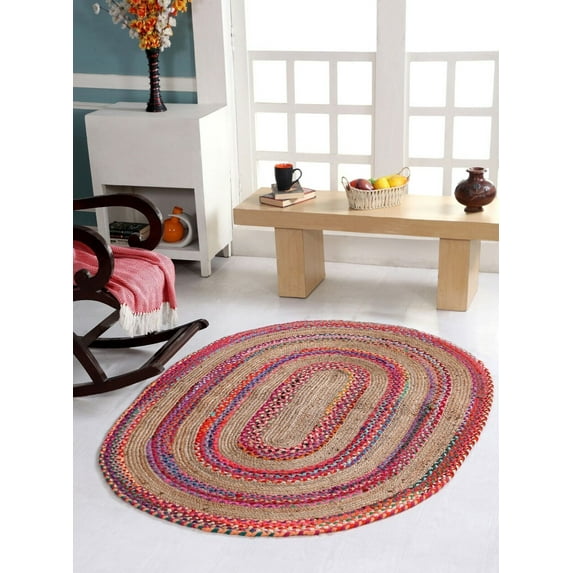 Indian Handmade Braided Multi Color Cotton with Natural Jute Oval Shape Area Rugs , Home Decor Carpet Size 3 x 5 Feet ( 90 cm x 150 cm )