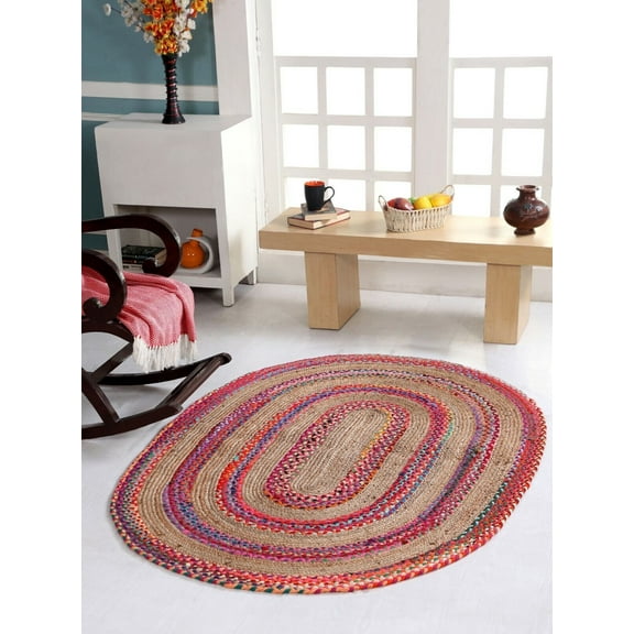 Indian Handmade Braided Multi Color Cotton with Natural Jute Oval Shape Area Rugs , Home Decor Carpet Size 3 x 5 Feet ( 90 cm x 150 cm )