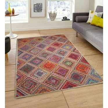 Indian Handmade Braided Multi Color Cotton with Natural Jute Rectangle Area Rugs ,Home Decor Carpet Size 2 x 3 Feet ( 60 cm x 90 cm )