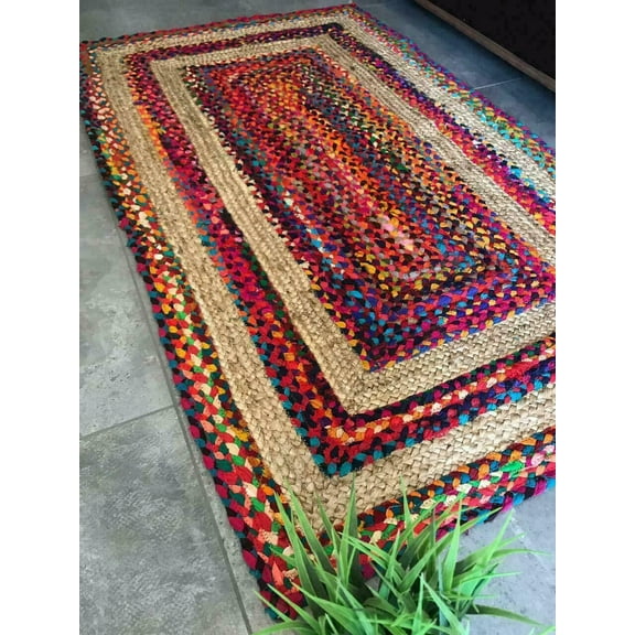 Indian Handmade Braided Multi Color Cotton with Natural Jute Rectangle Area Rugs ,Home Decor Carpet Size 2 x 6 Feet ( 60 cm x 180 cm )