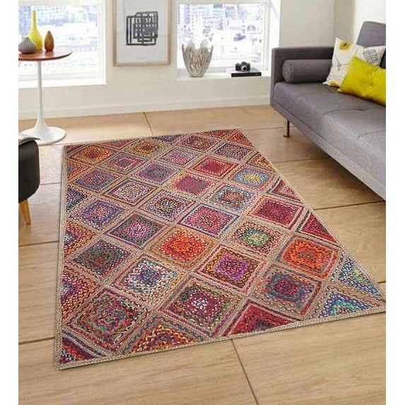 Indian Handmade Braided Multi Color Cotton with Natural Jute Rectangle Area Rugs ,Home Decor Carpet Size 5 x 5 Feet Square ( 150 cm x 150 cm )
