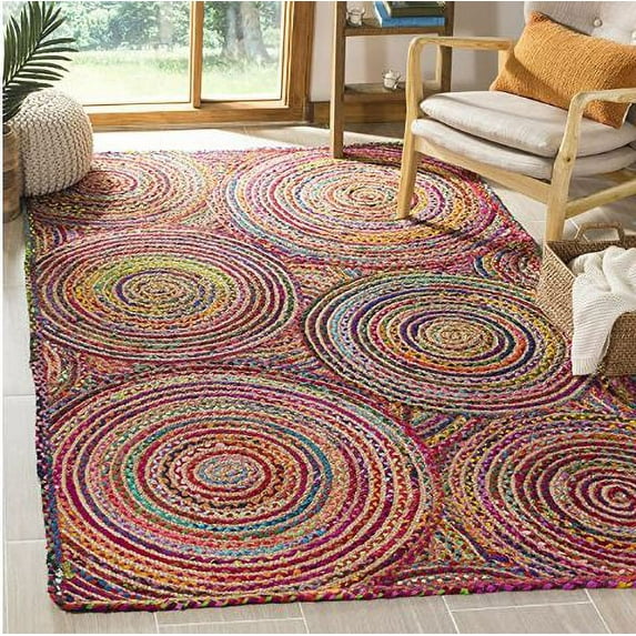 Indian Handmade Braided Multi Color Cotton with Natural Jute Rectangle Area Rugs ,Home Decor Carpet Size 6 x 9 Feet ( 180 cm x 270 cm )