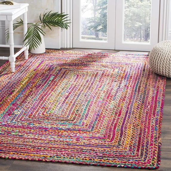 Indian Handmade Braided Multi Color Cotton with Natural Jute Rectangle Area Rugs ,Home Decor Carpet Size 7 x 7 Feet Square ( 210 cm x 210 cm )