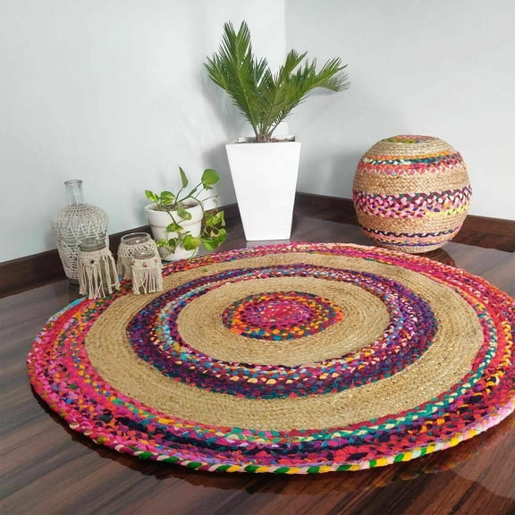 Indian Handmade Braided Multi Color Cotton with Natural Jute Round Rugs , Home Decor Carpet Size 3 x 3 Feet Round ( 90 cm x 90 cm)
