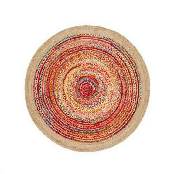 Indian Handmade Braided Multi Color Cotton with Natural Jute Round Rugs , Home Decor Carpet Size 5 x 5 Feet Round ( 150 cm x 150 cm)