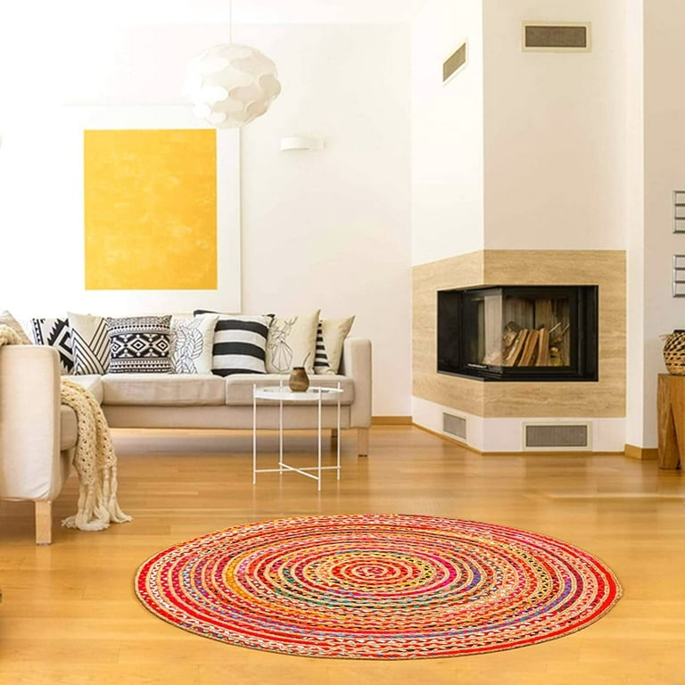 Indian Handmade Braided Multi Color Cotton with Natural Jute Round Rugs ,  Home Decor Carpet Size 7 x 7 Feet Round ( 210 cm x 210 cm) 