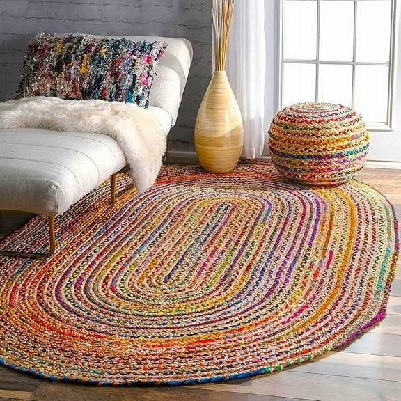 Indian Handmade Braided Multi Cotton with Natural Jute Area Rug, Home Décor Rug, Jute Rug for Bedroom, Dining Room, living room, Doormat Rug Size - 2.3' x 4' Oval (69 cm x 120 cm)