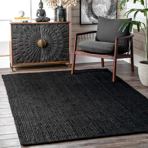Indian Handmade Braided Natural Farmhouse Black Jute Area Rugs , Home Décor Jute Rugs Size 9 x 12 Feet