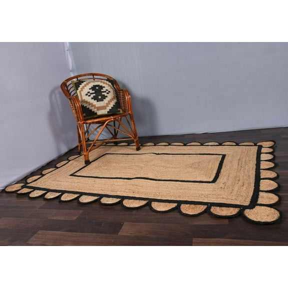 Indian Handmade Braided Natural Jute With Black Color Jute Design Area Rugs , Scalloped Rugs , Home Décor Natural Jute Rugs & Carpet Size , 2.6 x 4 Feet ( 75 cm x 120 cm )Runner