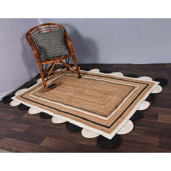 Indian Handmade Braided Natural Jute With Black & White Jute Color Design Area Rugs , Scalloped Rugs , Home Décor Natural Jute Rugs & Carpet Size , 2 x 2 Feet ( 60 cm x 60 cm )Square