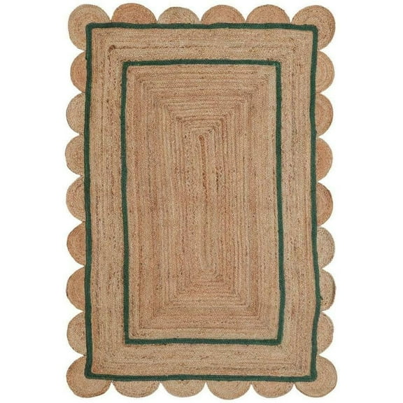 Indian Handmade Braided Natural Jute With Green Color Jute Design Area Rugs , Scalloped Rugs , Home Décor Natural Jute Rugs & Carpet Size , 4 x 6 Feet ( 120 cm x 180 cm )Rectangle