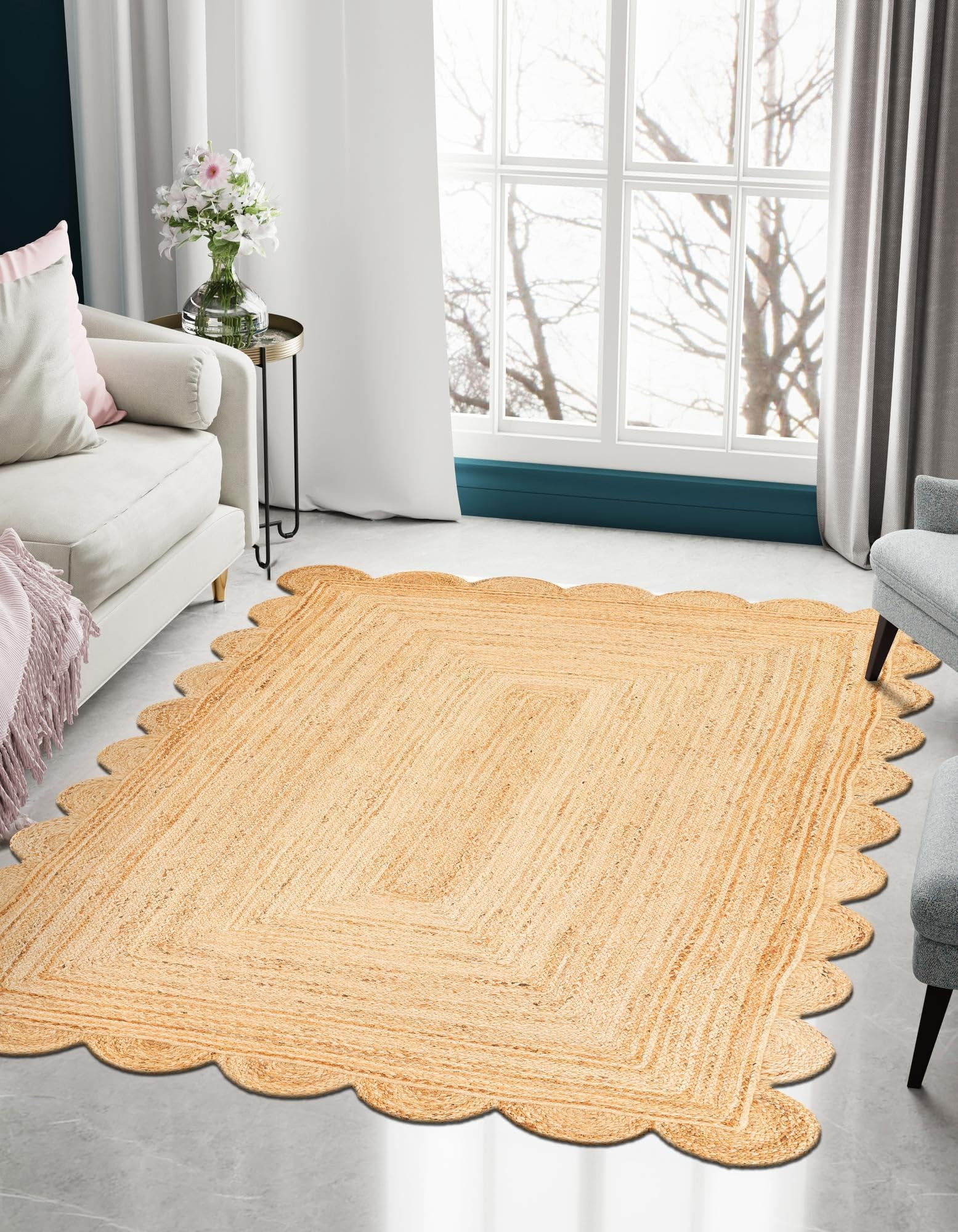 Indian Handmade Braided Natural Jute Scalloped Design Area Rug, Home Décor Rug, Jute Rug for Bedroom, Dining Room, living room, Doormat Rug Size - 6' x 7' (180 cm x 210 cm)