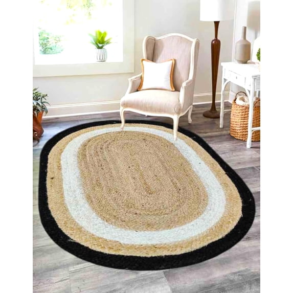 Indian Handmade Braided Natural Jute With Black & White Border Design Area Rug 4 x 6 Feet Oval (122 cm x 183 cm), Home Decor Rugs