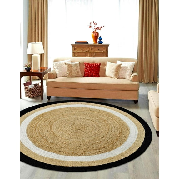 Indian Handmade Braided Natural Jute With Black & White Border Design Area Rug 6 x 6 Feet Round (183 cm x 183 cm), Home Decor Rugs