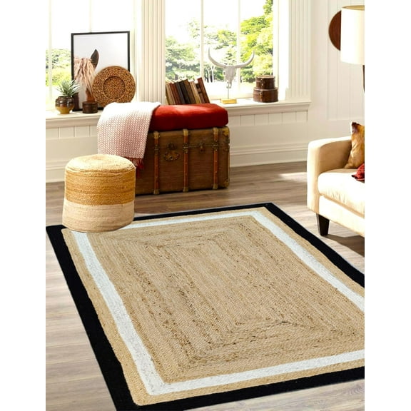 Indian Handmade Braided Natural Jute With Black & White Border Design Area Rug 9 x 12 Feet (274 cm x 366 cm), Home Decor Rugs