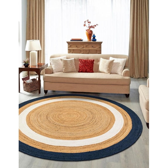 Indian Handmade Braided Natural Jute With Navy Blue & White Border Design Area Rug 4 x 4 Feet Round (122 cm x 122 cm), Home Decor Rugs