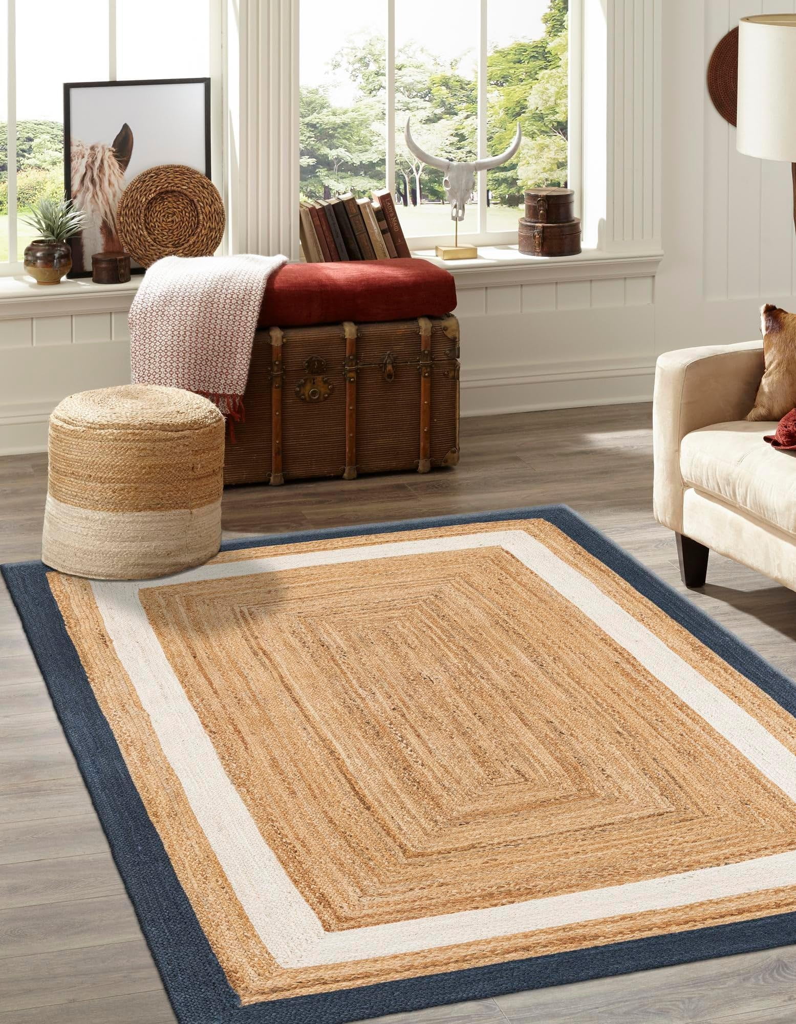 Indian Handmade Braided Natural Jute With Navy Blue & White Border Design Area Rug 8 x 14 Feet (244 cm x 427 cm), Home Decor Rugs