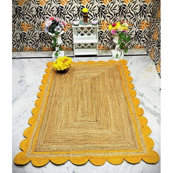 Indian Handmade Braided Natural Jute with Yellow Scalloped Design Area Rug, Home Décor Rug, Jute Rug for Bedroom, Dining Room, living room, Doormat Rug Size - 7' Square (210 cm x 210 cm)