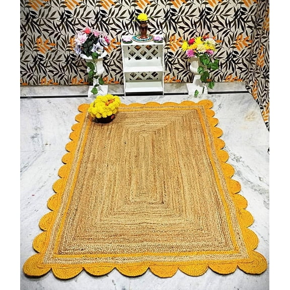 Indian Handmade Braided Natural Jute with Yellow Scalloped Design Area Rug, Home Dcor Rug, Jute Rug for Bedroom, Dining Room, living room, Doormat Rug Size - 3' x 8' (90 cm x 240 cm)