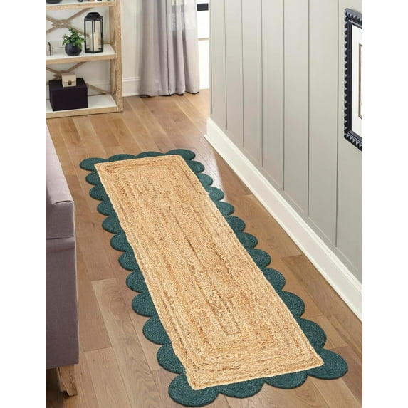 Indian Handmade Braided Natural Jute with Green Border Scalloped Area Rug 2 x 4 Feet (61 cm x 122 cm), Floor Decor Rugs/Carpet