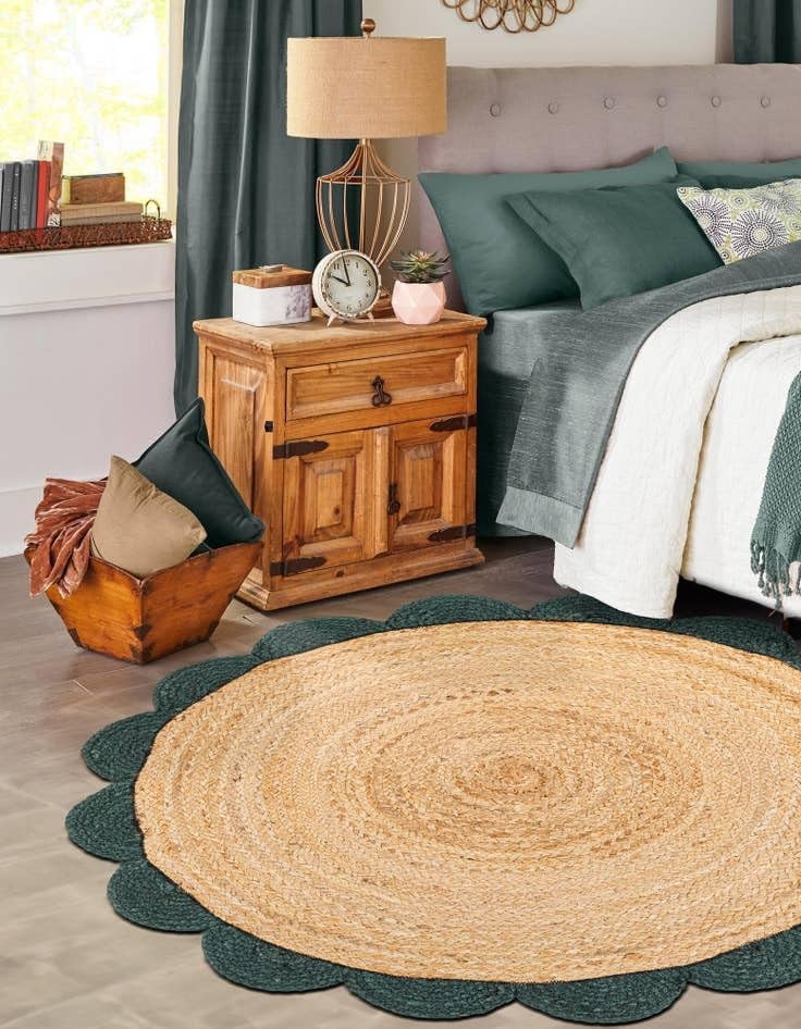 Indian Handmade Braided Natural Jute with Green Border Scalloped Area Rug 3 x 3 Feet Round (91 cm x 91 cm), Floor Decor Rugs/Carpet