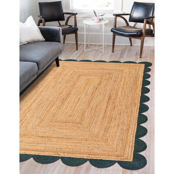 Indian Handmade Braided Natural Jute with Green Border Scalloped Area Rug 4 x 6 Feet (122 cm x 183 cm), Floor Decor Rugs/Carpet