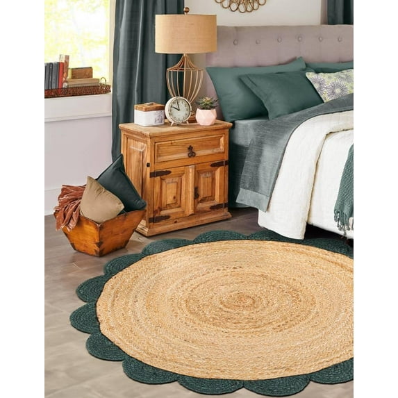 Indian Handmade Braided Natural Jute with Green Border Scalloped Area Rug 5 x 5 Feet Round (152 cm x 152 cm), Floor Decor Rugs/Carpet