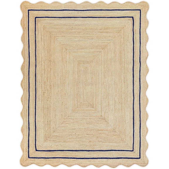 Indian Handmade Braided Natural Jute with Navy Blue Border 2.5 x 16 Feet (79 cm x 488 cm) Rectangular Area Rug Dining Room, Bedroom, Living Room