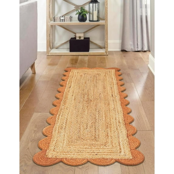 Indian Handmade Braided Natural Jute with Orange Border Scalloped Area Rug 2 x 16 Feet (61 cm x 488 cm), Floor Decor Rugs/Carpet