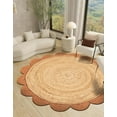 thumbnail image 1 of Indian Handmade Braided Natural Jute with Orange Border Scalloped Area Rug 2 x 2 Feet Round (61 cm x 61 cm), Floor Decor Rugs/Carpet, 1 of 4