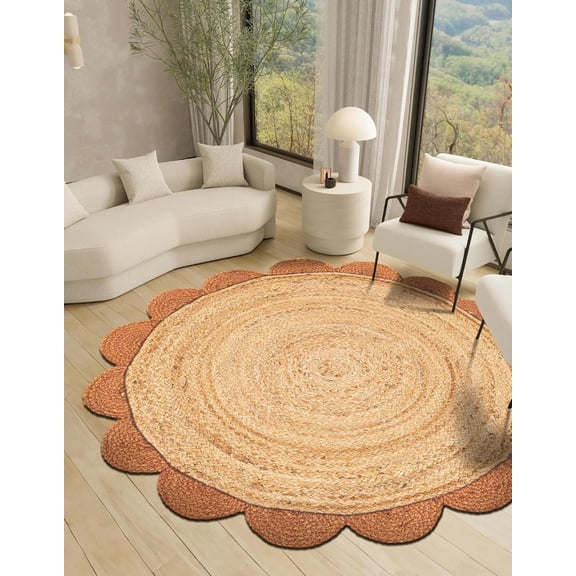 Indian Handmade Braided Natural Jute with Orange Border Scalloped Area Rug 2 x 2 Feet Round (61 cm x 61 cm)