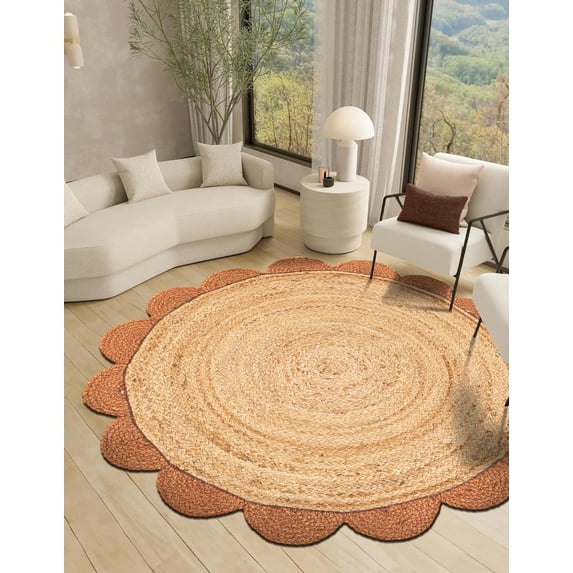Indian Handmade Braided Natural Jute with Orange Border Scalloped Area Rug 2 x 3 Feet Oval (61 cm x 91 cm)