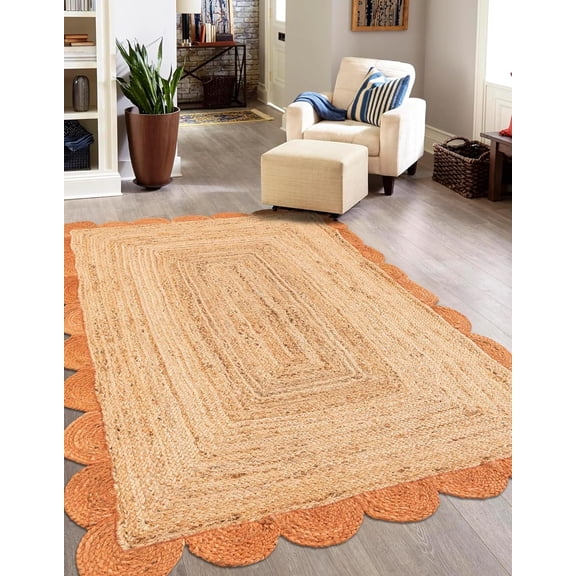 Indian Handmade Braided Natural Jute with Orange Border Scalloped Area Rug 5 x 7 Feet (152 cm x 213 cm), Home Decor Rugs