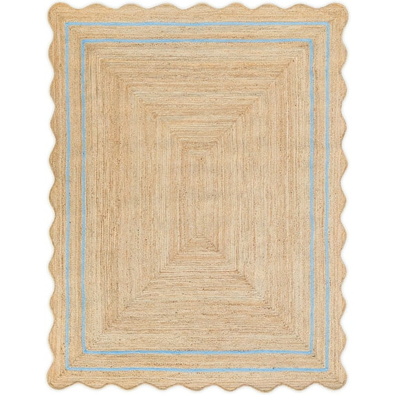 Indian Handmade Braided Natural Jute with Sky Blue Border 6 Feet Square (183 cm x 183 cm) Rectangular Area Rug Dining Room, Bedroom, Living Room