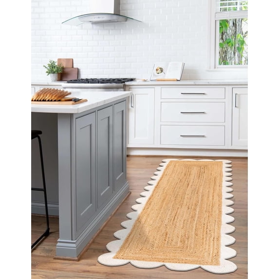 Indian Handmade Braided Natural Jute with White Border Scalloped Area Rug 2.6 x 5 Feet (79 cm x 152 cm)